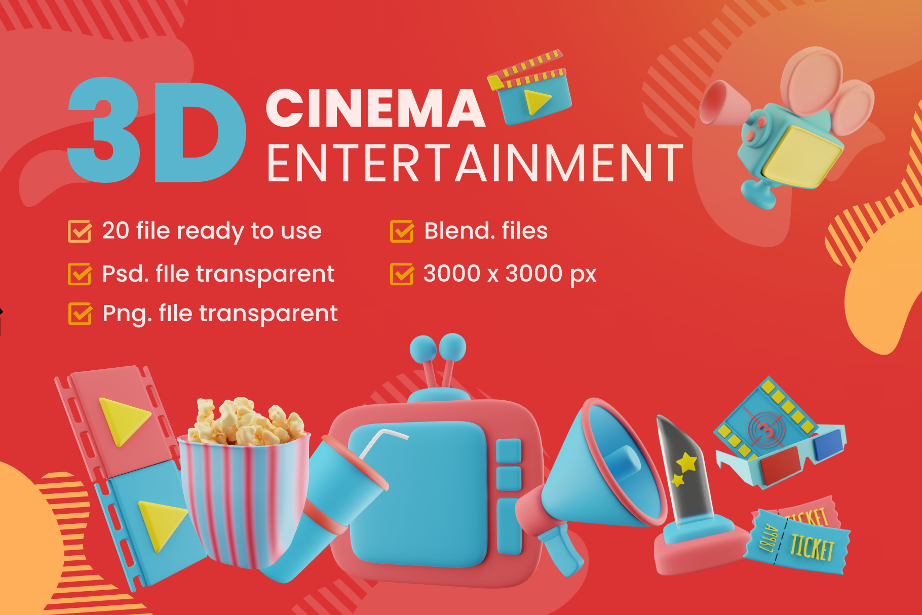 Obtén el paquete de Cine Entretenimiento 3D Icon con 20 recursos gratis