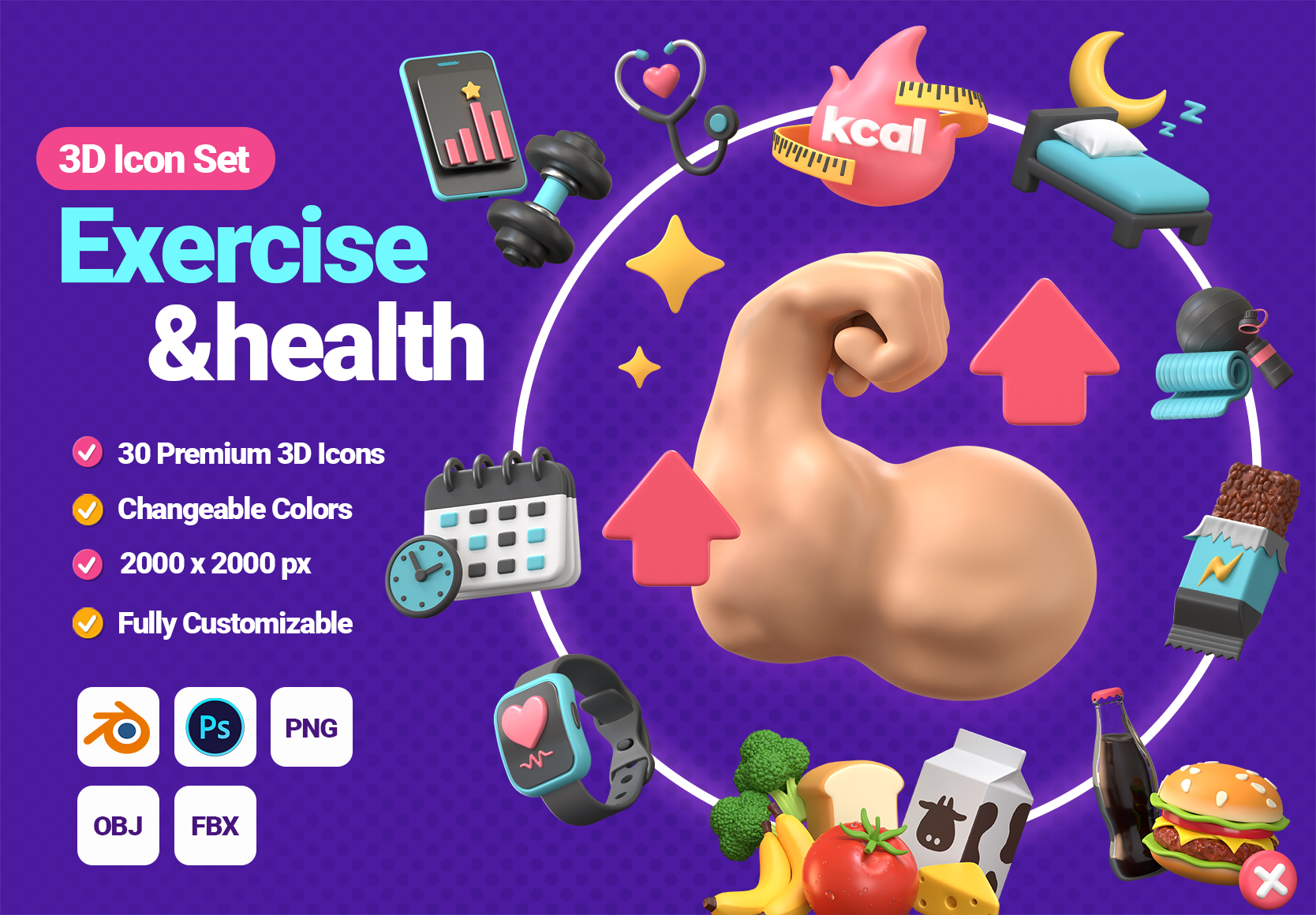 Exercise And Health 3D Icon Pack - 30 Free Download Gym & Fitness 3D