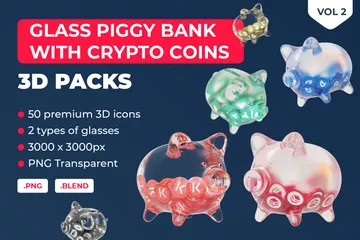 Glass Piggy Bank With Crypto Coins Vol 2 3D Icon Pack