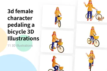Personagem feminina pedalando uma bicicleta Pacote de Illustration 3D