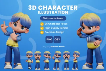 파란색 셔츠와 노란색 바지를 입은 만화 캐릭터 3D Illustration 팩