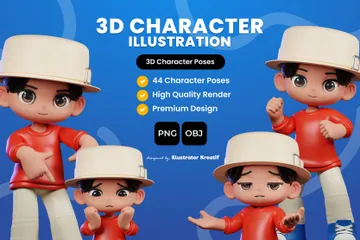 모자와 빨간 셔츠를 입은 만화 캐릭터 3D Illustration 팩