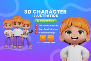 주황색 머리와 보라색 바지를 입은 만화 캐릭터 3D Illustration 팩