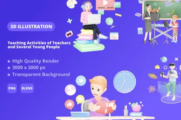Actividades docentes de profesores y varios jóvenes. Paquete de Illustration 3D