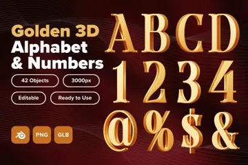 Alfabeto e números dourados Pacote de Icon 3D