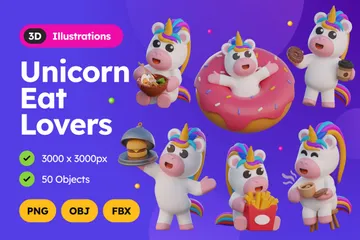 Lindos unicornios amantes de la comida Paquete de Illustration 3D