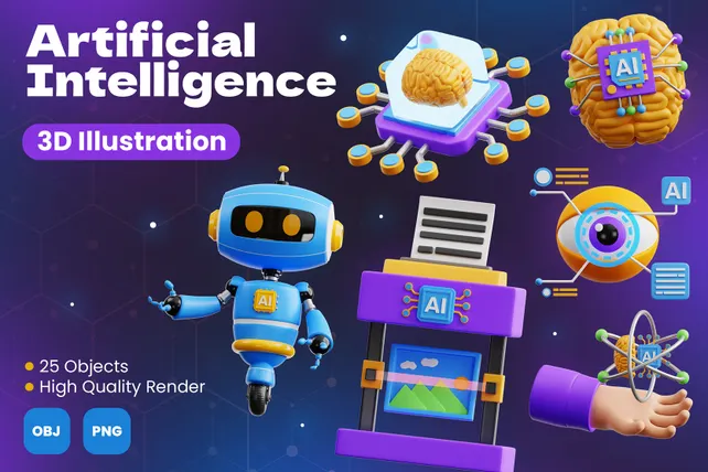 Artificial Intelligence 3D Illustration Pack - 25 Science & Technology ...