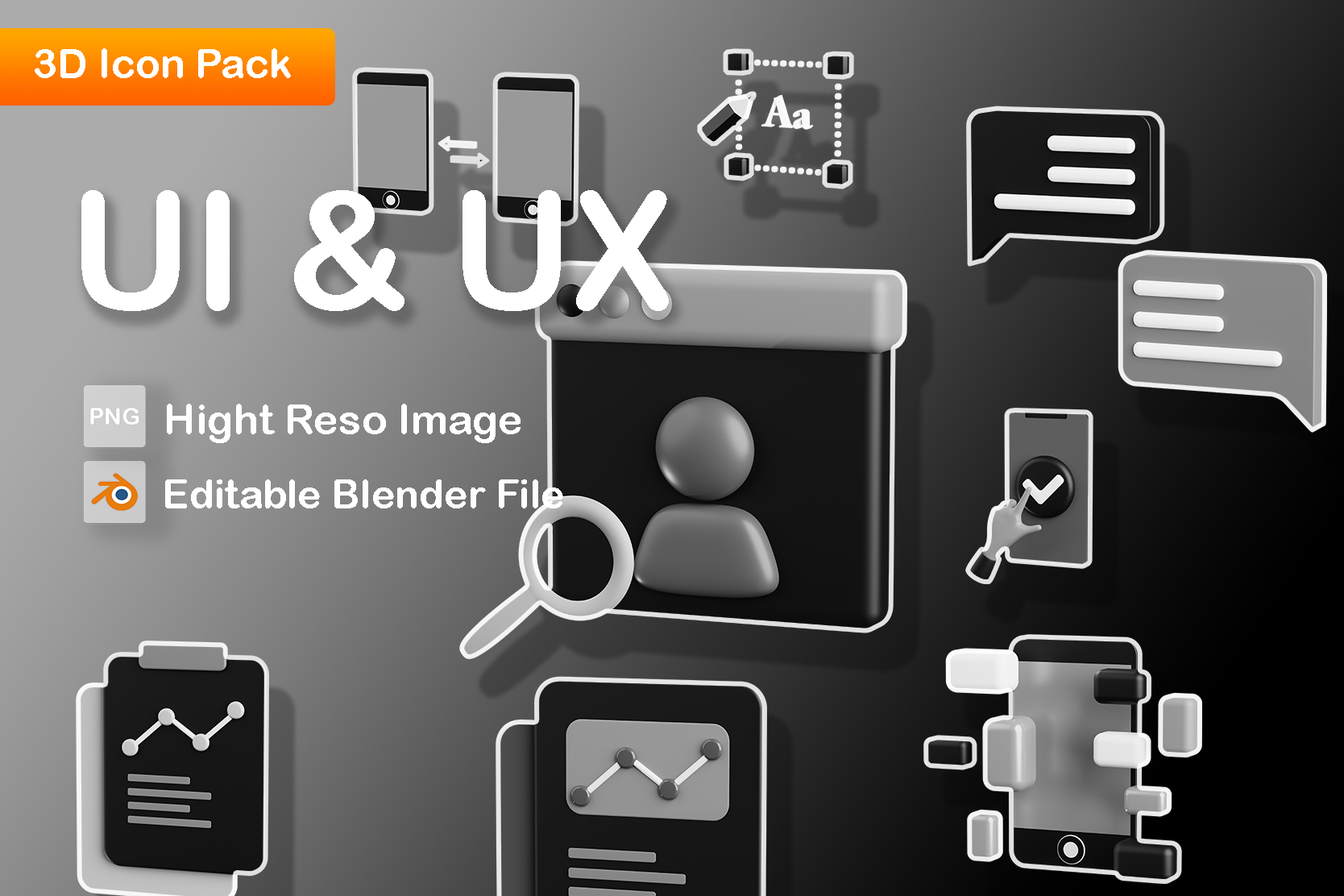Black UI UX 3D Icon Pack - 20 Free Download User Interface 3D Icons ...