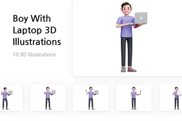 ノートパソコンを持つ少年 3D Illustrationパック