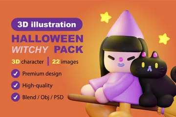 Bruja y gato de Halloween Paquete de Illustration 3D