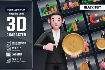 Business Woman In Black Suit Holding Coin 3D  Pack