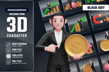 Business Woman In Black Suit Holding Coin 3D Illustration Pack