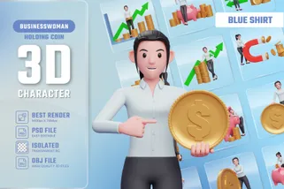 Business Woman In Blue Shirt Holding Coin