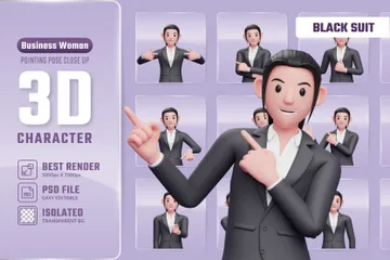 Business Woman Pointing Pose In Black Suit 3D  Pack