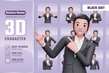 Business Woman Pointing Pose In Black Suit 3D Illustration Pack