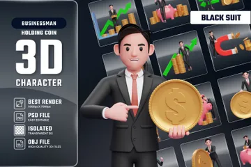 Businessman In Black Formal Suit Holding Coin 3D Illustration Pack