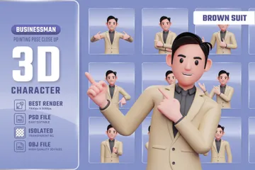 Businessman Pointing Pose In Brown Suit 3D Illustration Pack