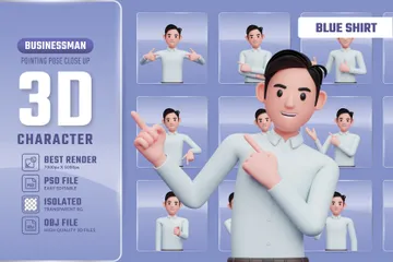 Businessman Pointing Pose In Blue Shirt 3D  Pack