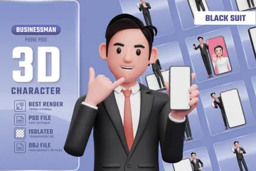 Businessman With Smartphone In Black Suit 3D Illustration Pack