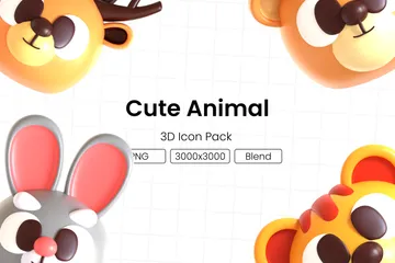 Cabeça de animal fofa Pacote de Icon 3D