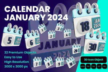 Calendário janeiro 2024 Pacote de Icon 3D