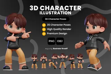 Menino de desenho animado com cabelo castanho e jaqueta preta Pacote de Illustration 3D