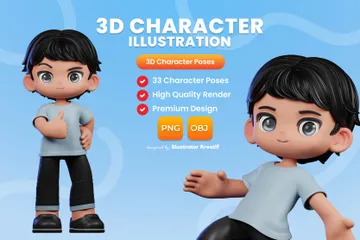 Menino de desenho animado com cabelo preto e camisa azul correndo Pacote de Illustration 3D