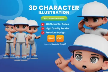 야구 모자와 회색 바지를 입은 만화 소년 3D Illustration 팩