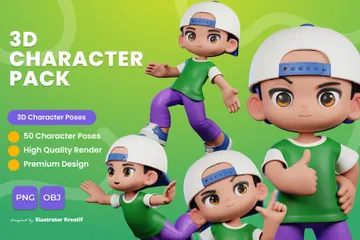 緑のシャツと紫のズボンを着た男の子の漫画キャラクター 3D Illustrationパック
