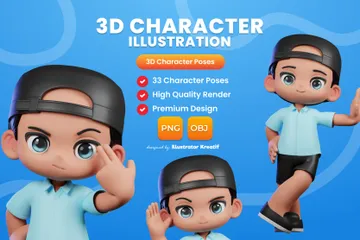 파란색 셔츠와 검은색 반바지를 입은 만화 캐릭터 3D Illustration 팩