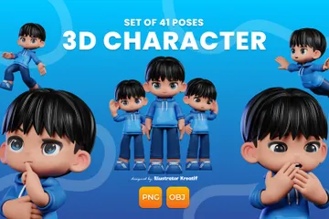 파란색 셔츠와 파란색 바지를 입은 만화 캐릭터 3D Illustration 팩