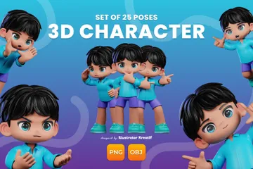 파란색 셔츠와 보라색 반바지를 입은 만화 캐릭터 3D Illustration 팩