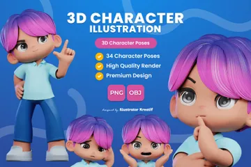 보라색 머리와 파란색 바지를 입은 만화 캐릭터 3D Illustration 팩