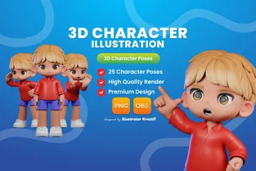 빨간 셔츠와 파란색 반바지를 입은 만화 캐릭터 3D Illustration 팩