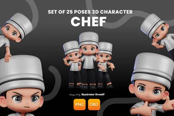 흰 모자와 검은 바지를 입은 만화 요리사 3D Illustration 팩
