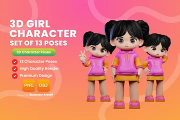 핑크 재킷과 오렌지 스커트와 만화 소녀 3D Illustration 팩