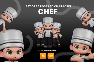 Chef de dibujos animados con sombrero blanco y pantalones negros Paquete de Illustration 3D