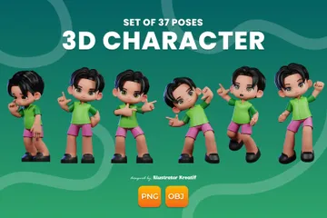 Niño Con Una Camisa Verde Y Pantalones Cortos De Color Rosa Paquete de Illustration 3D