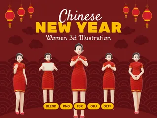 Chinese New Year Woman Character 3D Illustration Pack