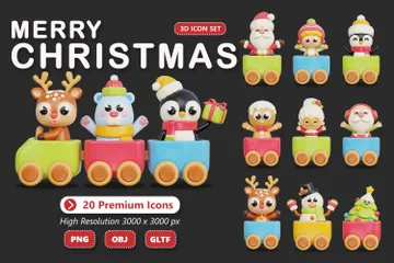 귀여운 동물들이 있는 크리스마스 장난감 기차 3D Icon 팩