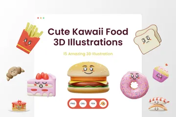 Linda comida kawaii Paquete de Illustration 3D