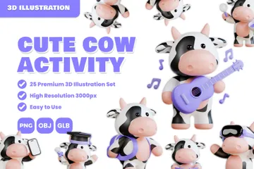 Lindo conjunto de actividades de vaca Paquete de Illustration 3D