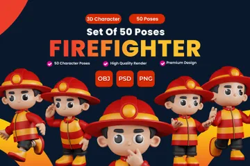 Conjunto de poses de personagem bombeiro Pacote de Illustration 3D