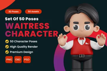 Conjunto de poses de personagem de garçonete Pacote de Illustration 3D