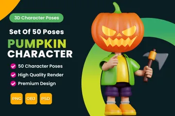 Conjunto de poses de personajes de cabeza de calabaza Paquete de Illustration 3D