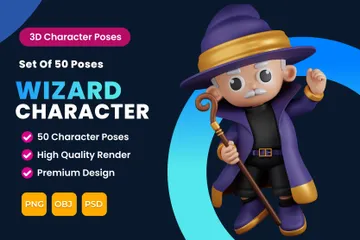 Conjunto de poses de personajes de mago Paquete de Illustration 3D