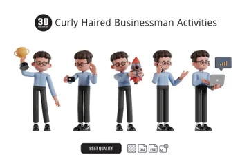 Curly Haired Businessman Wearing Glasses Activity 3D Illustration Pack