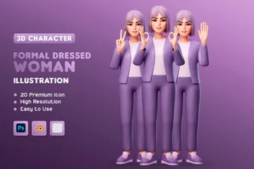 紫色の服を着たかわいい女性キャラクター - 全身 3D Illustrationパック