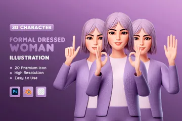 보라색 옷을 입은 귀여운 여성 캐릭터 - 반신 3D Illustration 팩