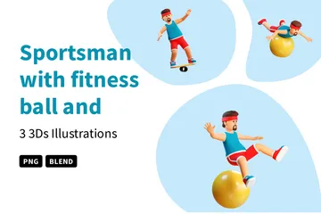 Deportista con pelota de fitness y tabla de equilibrio Paquete de Illustration 3D